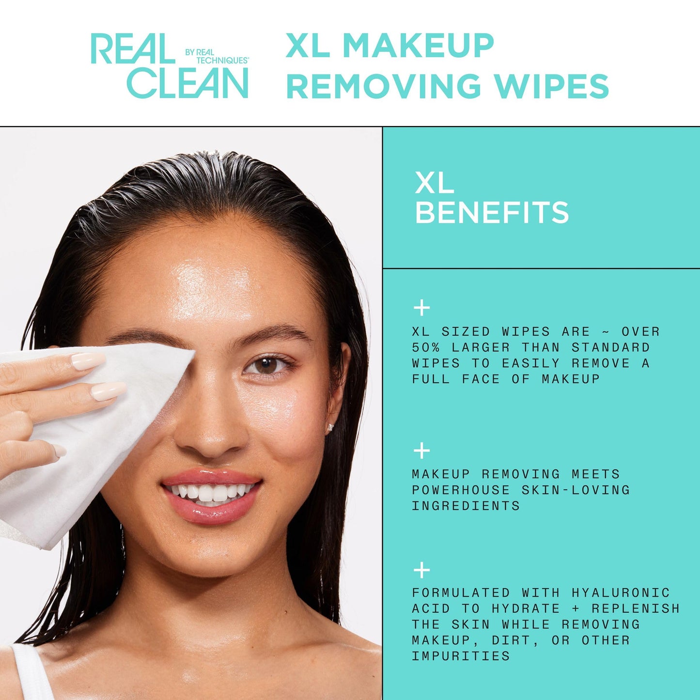 Real Techniques Real Clean XL Hydrating Facial Wipes, Infused With Hyaluronic Acid, Dual-Usage Cleansing Wipes Repair Skin & Gently Remove Makeup Beauty & Personal Care Real Techniques