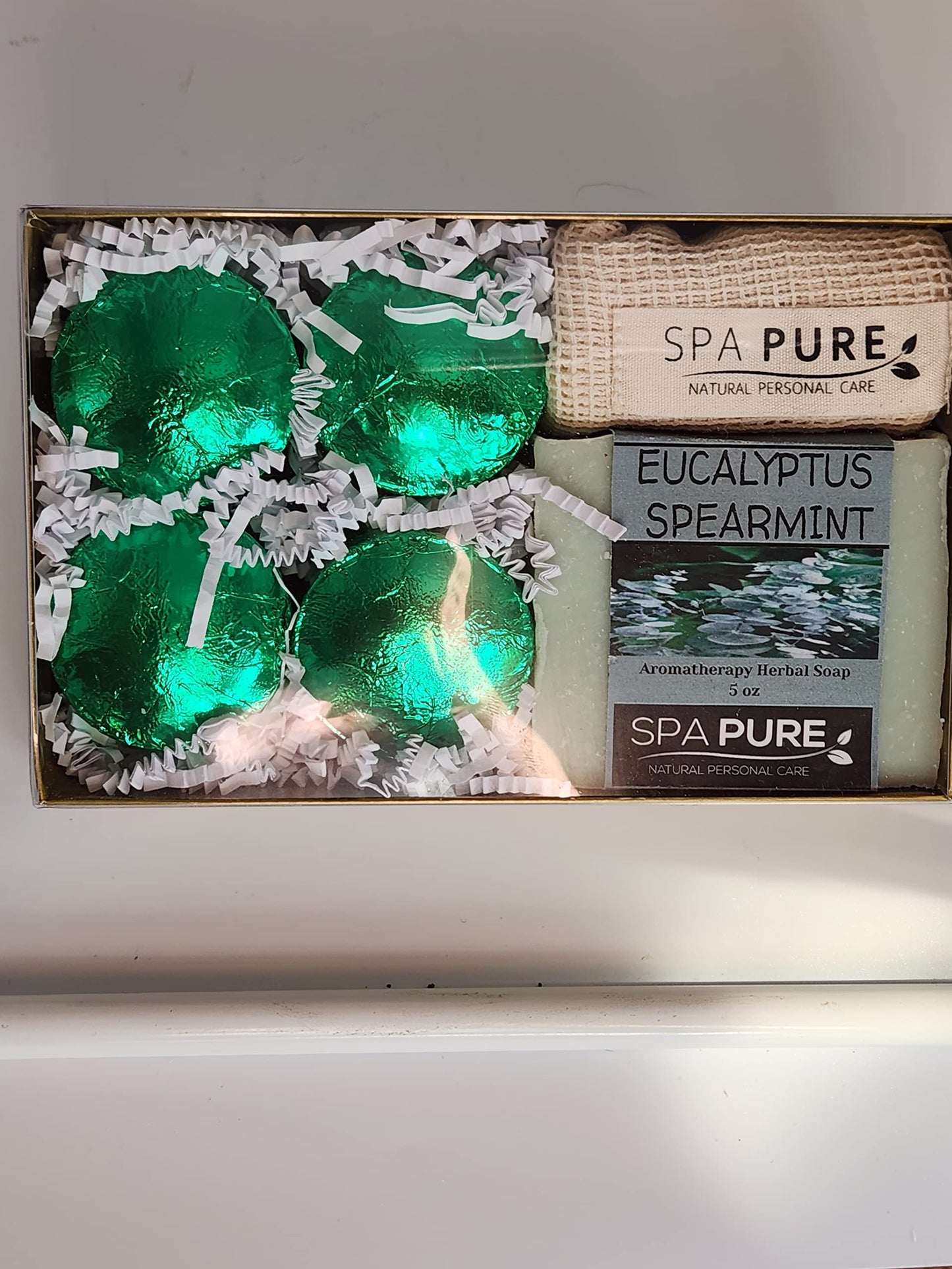 Spa Pure Aromatherapy Gift Set: Eucalyptus Spearmint Artisan soap, 4 Shower Steamers, made with plant based ingredients, steamer bag & soap bag Beauty and Personal Care Spa Pure