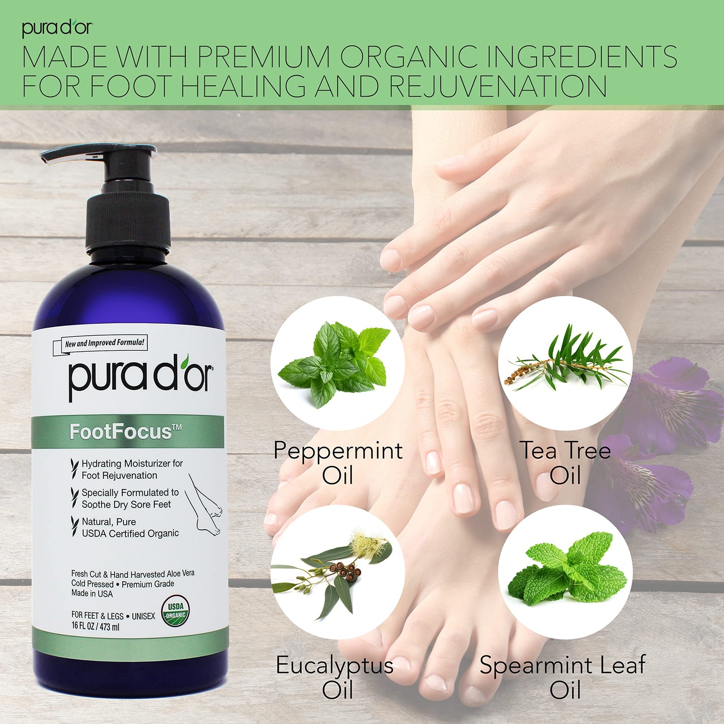 PURA D'OR 16 Oz FootFocus Organic Aloe Vera Gel For Severe Cracked Heel Repair Foot Care Products - Soothes Sore Feet Extra Strength Feet Care Beauty & Personal Care PURA D'OR