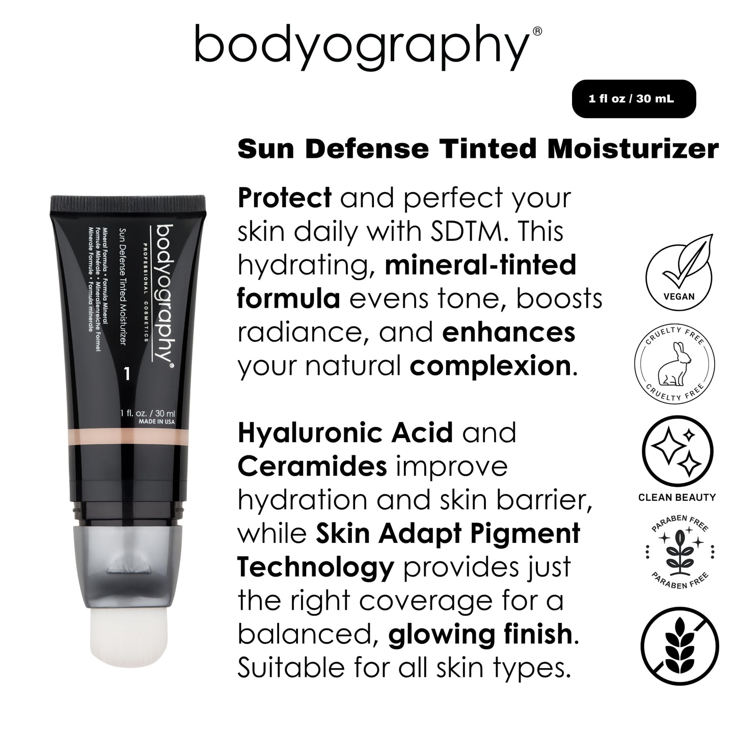 Bodyography Sun Defense Tinted Moisturizer, 1.5 oz | Lightweight SPF Tint with Hyaluronic Acid & Mineral Pigments | Hydrating, Vegan Sheer Coverage Beauty & Personal Care Bodyography