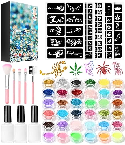 Temporary Glitter Tattoo Kit for Kids makeup,30 Body Glitter,3 Glitter Glue,5 Sheets Tattoos Stencil,5 Pcs Makeup Brush,6 Fluorescent Beauty & Personal Care DouborQ