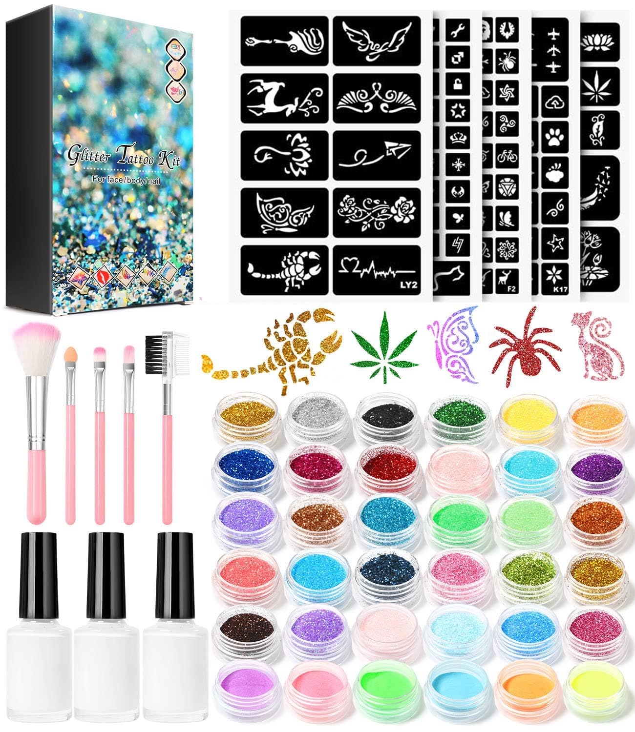 Temporary Glitter Tattoo Kit for Kids makeup,30 Body Glitter,3 Glitter Glue,5 Sheets Tattoos Stencil,5 Pcs Makeup Brush,6 Fluorescent Beauty & Personal Care DouborQ
