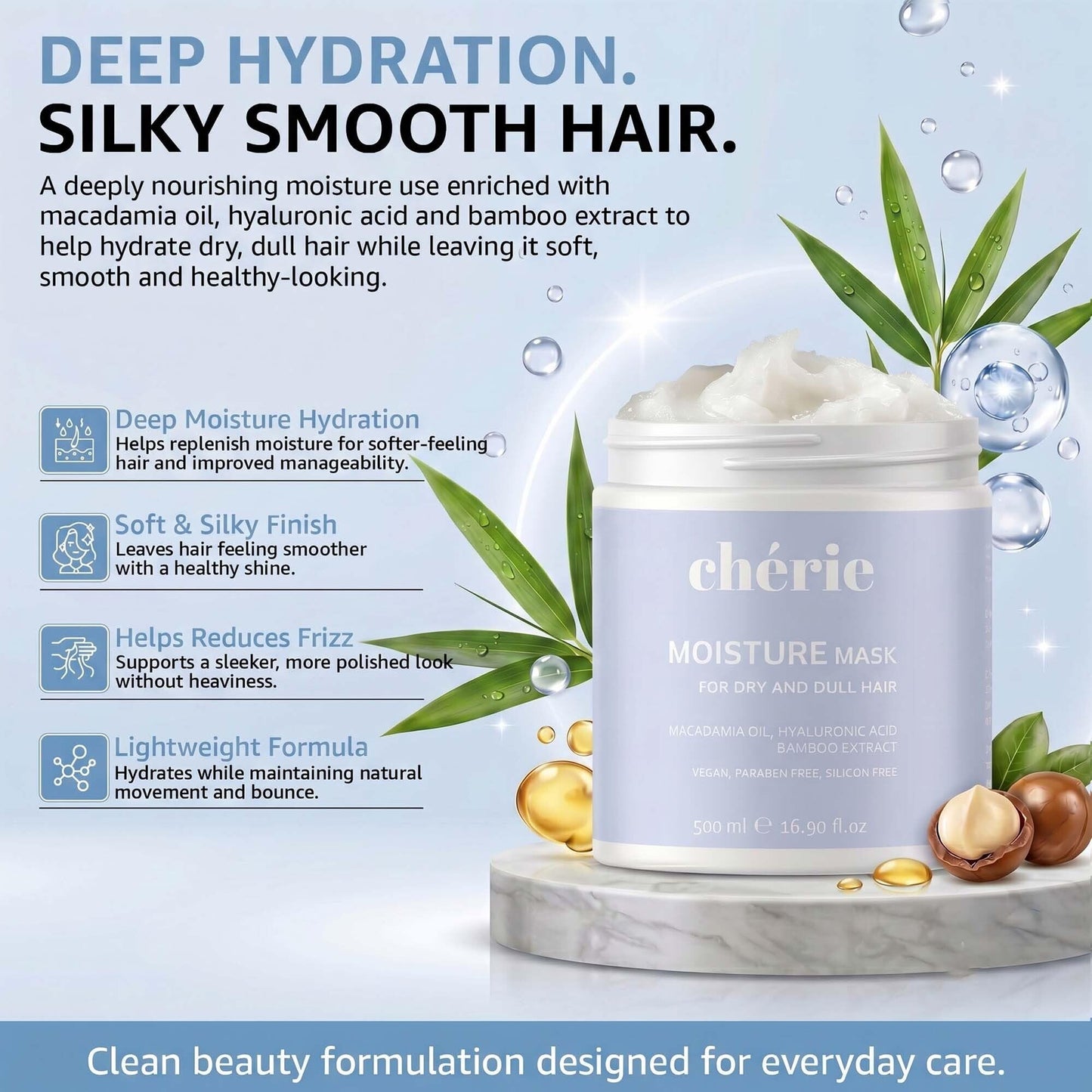 chérie Deep Conditioning Hair Mask with Macadamia Oil, Hyaluronic Acid & Bamboo Extract - Hydrating Hair Mask to Reduce Frizz & Breakage Beauty & Personal Care chérie