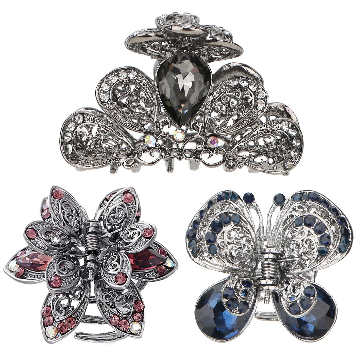 kilofly 3pc Vintage Crystal Hair Claw Clips Long Thick Hair Metal Clamps Beauty & Personal Care kilofly
