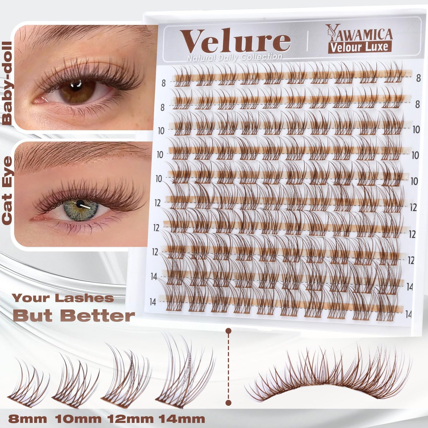 Brown Lash Clusters Natural Velour Eyelash Clusters 8-14mm Wispy Individual Lashes Light Brown Cluster Lashes CC Curl Lashes Clusters with Wide Band Beauty and Personal Care Yawamica