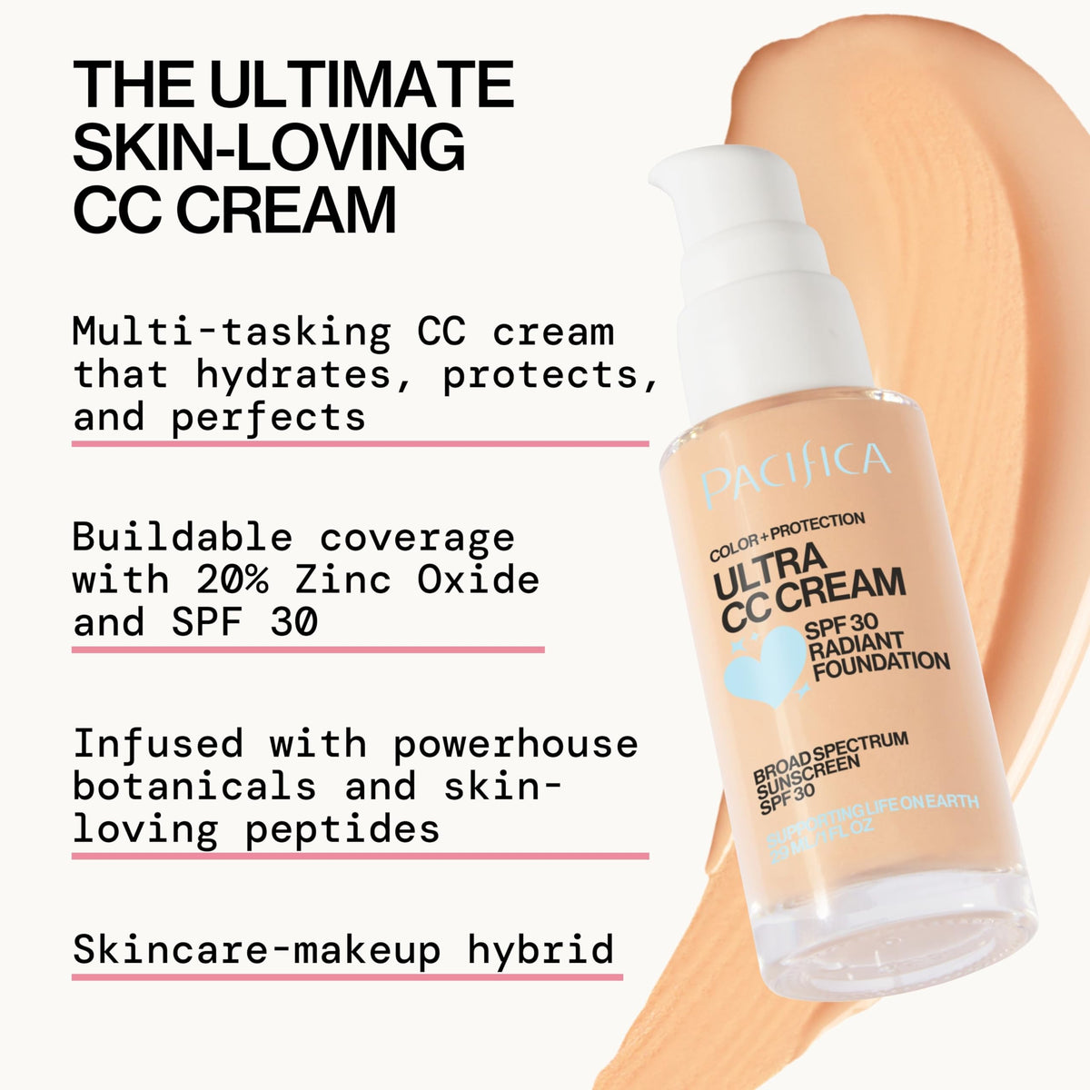 Pacifica Ultra CC Cream Radiant Foundation SPF 17 (Natural Medium) - Medium-Coverage Tinted Moisturizer + Mineral Sunscreen, Dewy Finish, 1 fl oz
