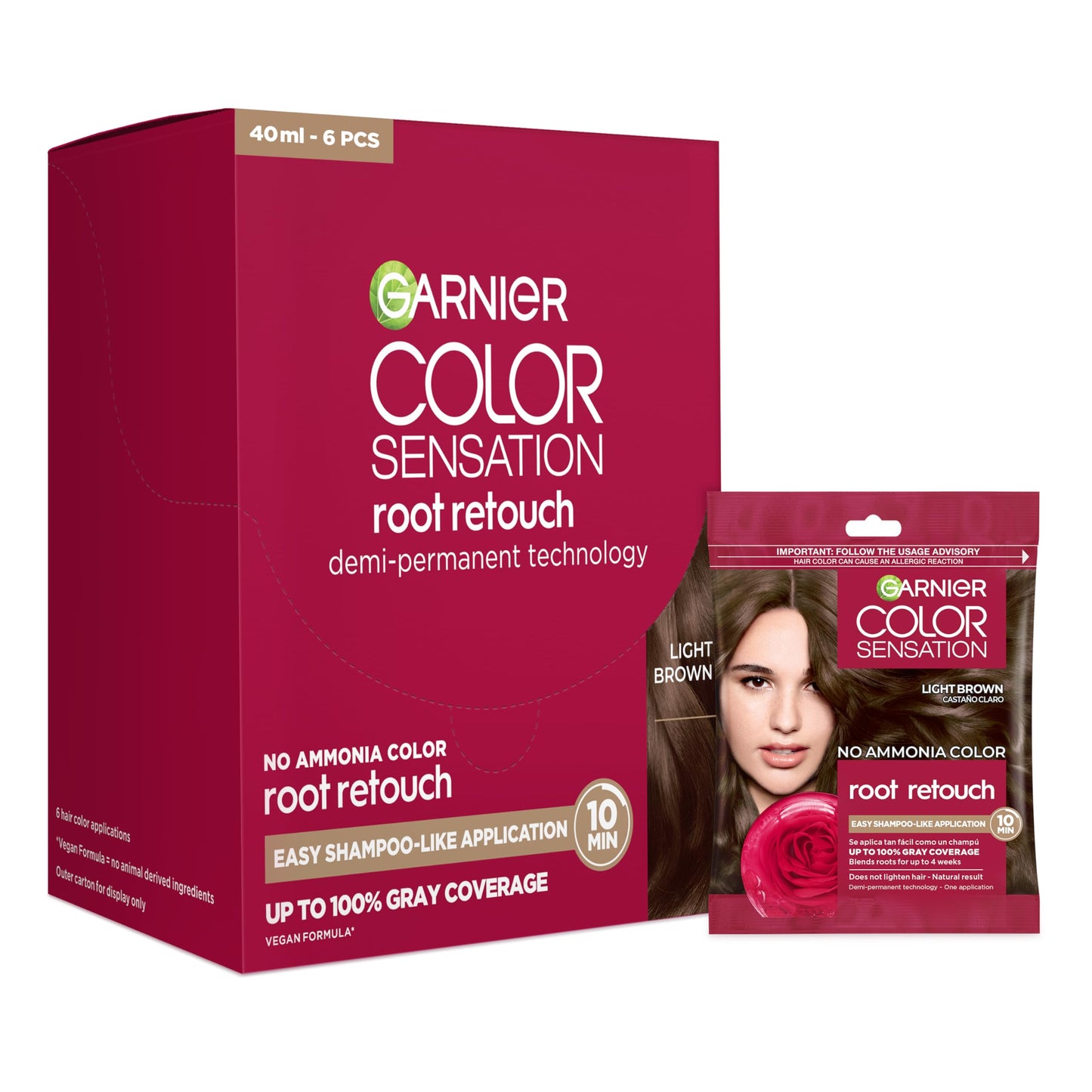 Garnier Color Sensation Root Retouch, Demi Permanent Hair Dye for Roots with 100% Gray Coverage and No Ammonia, Light Brown 6.0, Pack of 6 (Packaging