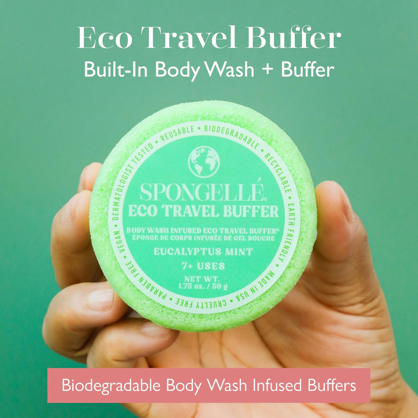Spongelle Eucalyptus Mint Eco Collection Travel Body Buffer Body Scrubber - Bath & Shower Loofah for Men & Women - Biodegradable, Cruelty-Free, Vegan Beauty and Personal Care SPONGELLÉ