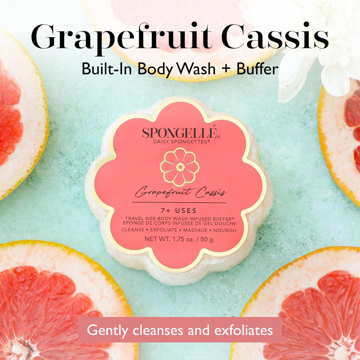 Spongellé Grapefruit Cassis Daisy Spongette Bath Sponge - Built-in Body Wash & Body Scrubber, Shower Loofah Sponge for Women, Travel Essentials - 7+ Beauty and Personal Care SPONGELLÉ