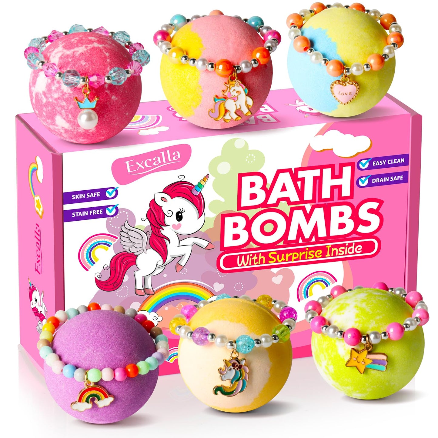 Unicorn Bath Bombs with Surprise Inside for Kids Girls, 6 Kids Bath Bombs with Jewelry Inside, Natural Bubble Bath Set for Skin Moisturizing, Birthday Beauty and Personal Care Excalla