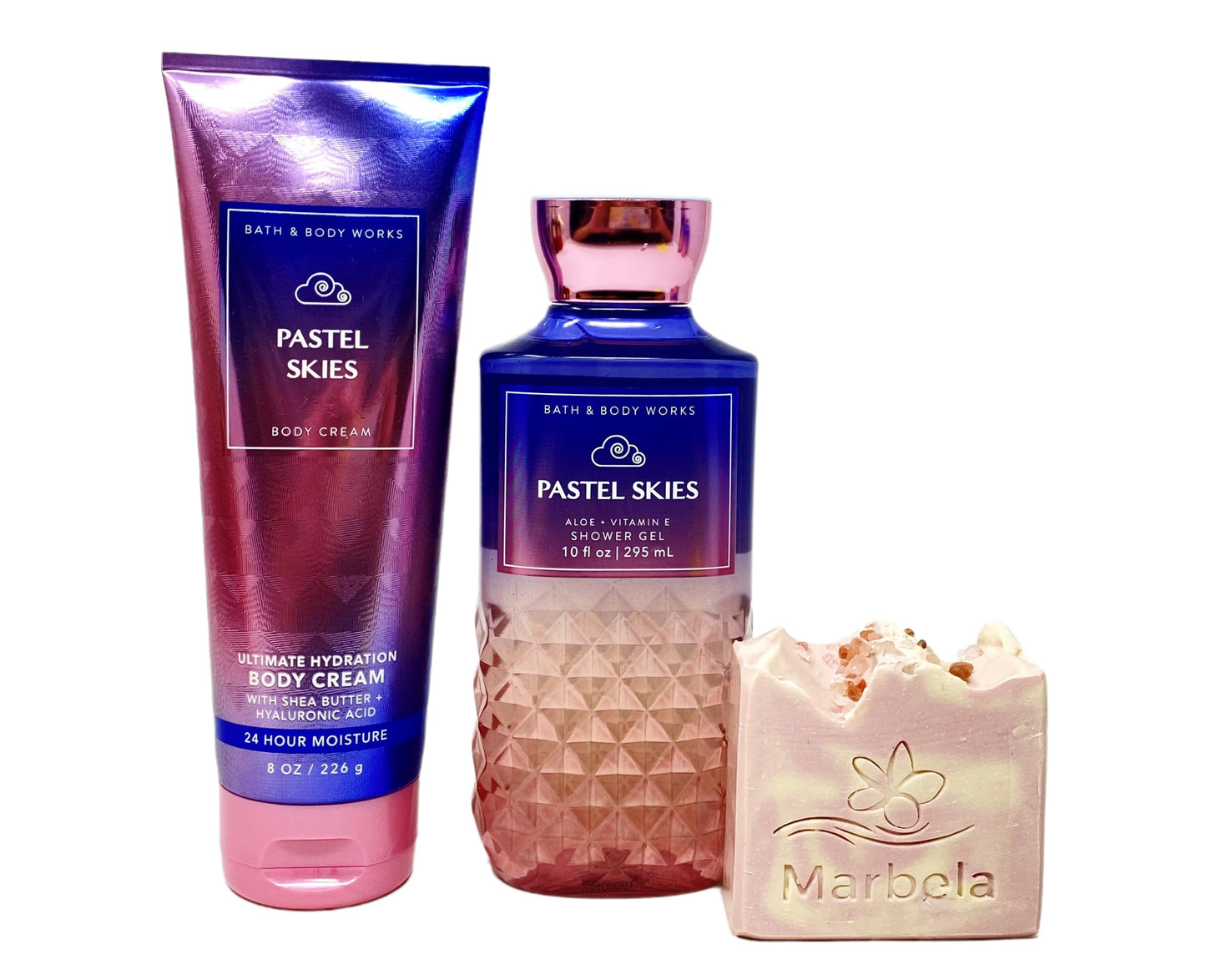 Bath & Body Works Pastel Skies 2 Piece Bundle - Body Cream and Shower Gel with a Himalayan Salts Springs Bar Soap - Full Size Beauty and Personal Care Bath & Body Works