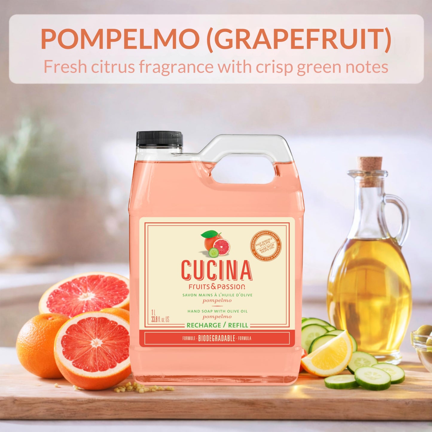 Cucina Fruits & Passion Hand Soap Refill, Pompelmo, 1 L (33.8 fl oz), Liquid Hand Soap with Moisturizing Olive Oil, Biodegradable, Vegan Formula Beauty & Personal Care Cucina