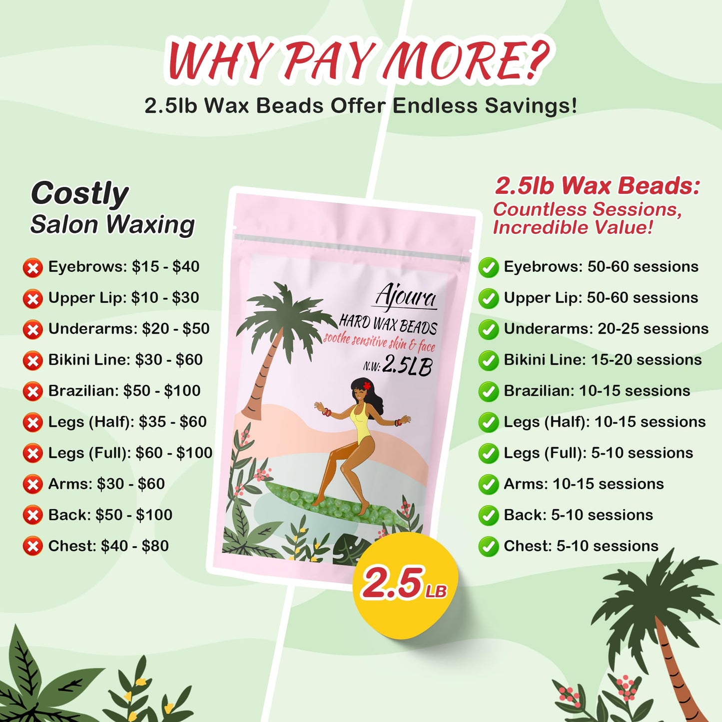 Ajoura 2.5LB Aloe Hard Wax Beads, Premium Wax for Sensitive Skin Hair Removal, Perfect for Full Body, Bikini, Face, Eyebrow, Back, Chest, Legs Beauty and Personal Care Ajoura