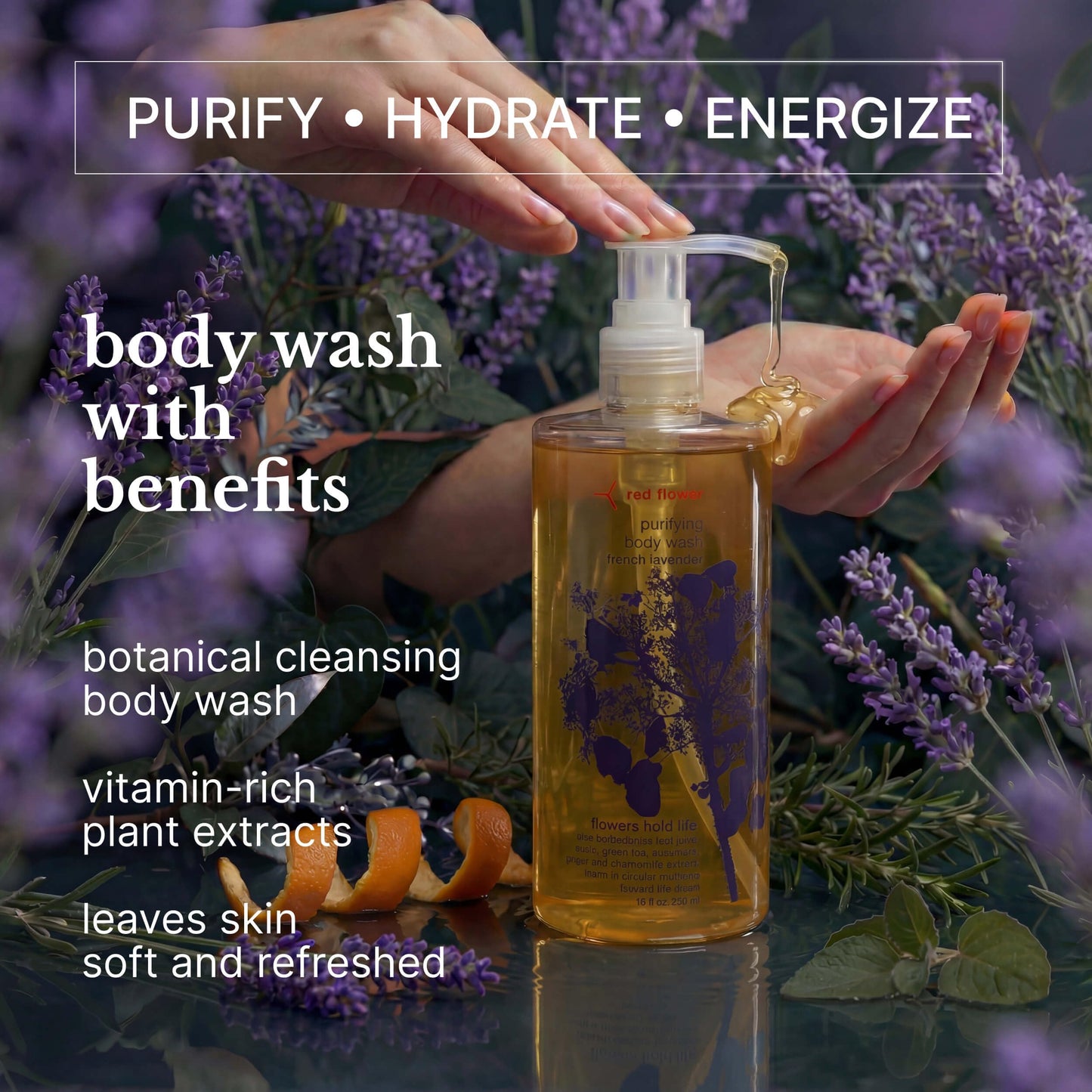 Red Flower French Lavender Purifying Body Wash - Cleanse & Hydrate Botanical Shower Gel with Organic Fruit & Leaf Extracts for Hydrated, Radiant Skin Beauty & Personal Care Red Flower