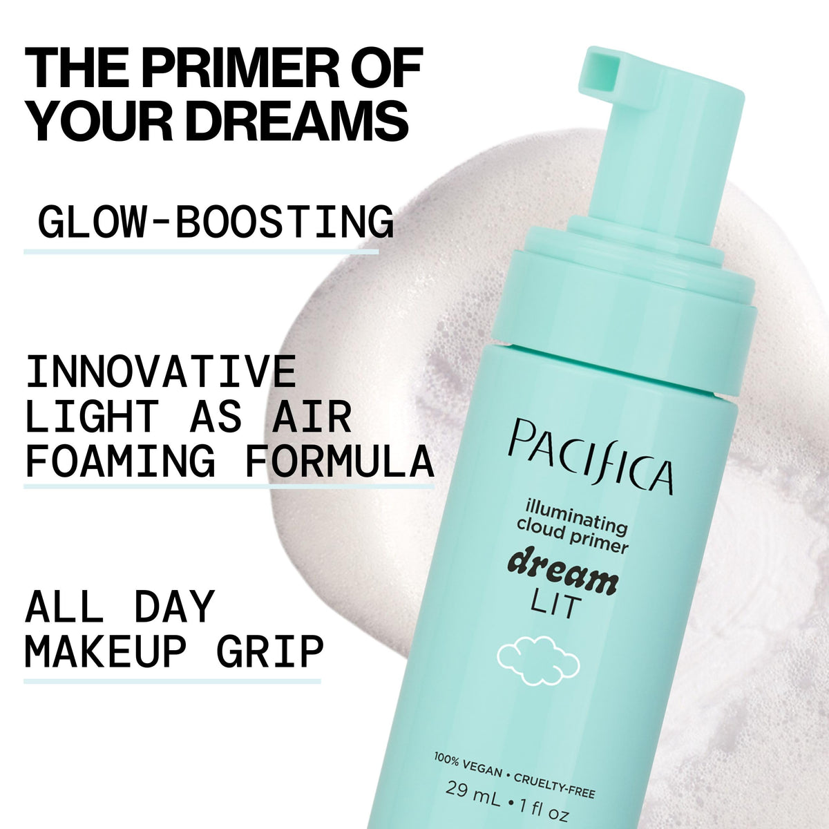 Pacifica Dreamlit Illuminating Foaming Primer with Vitamin C & Hyaluronic Acid - Hydrating Brightening Face Makeup Base for Glowing, Long-Lasting