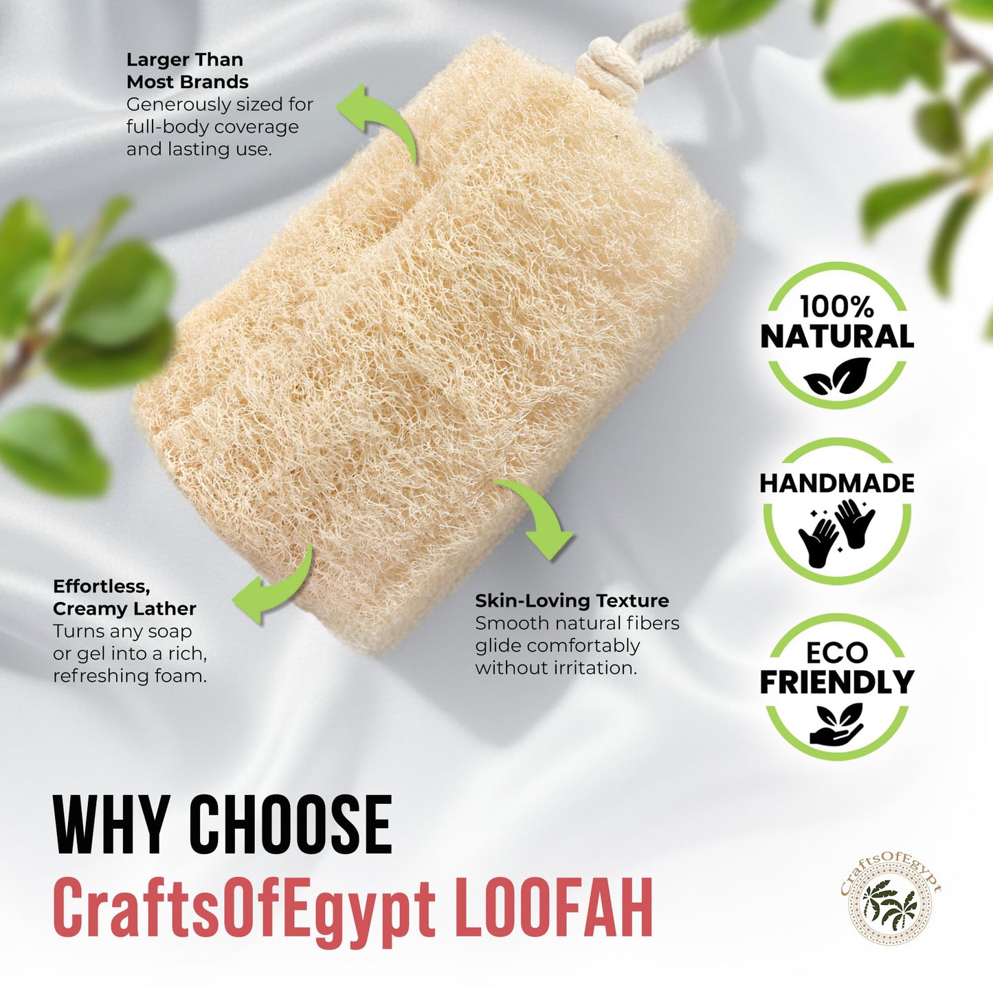 CraftsOfEgypt Natural Loofah Sponge - Egyptian Luffa Body Scrubber Pack of 2 for Men & Women, Natural Bath & Shower Loofah Exfoliator, All Natural Beauty & Personal Care CraftsOfEgypt