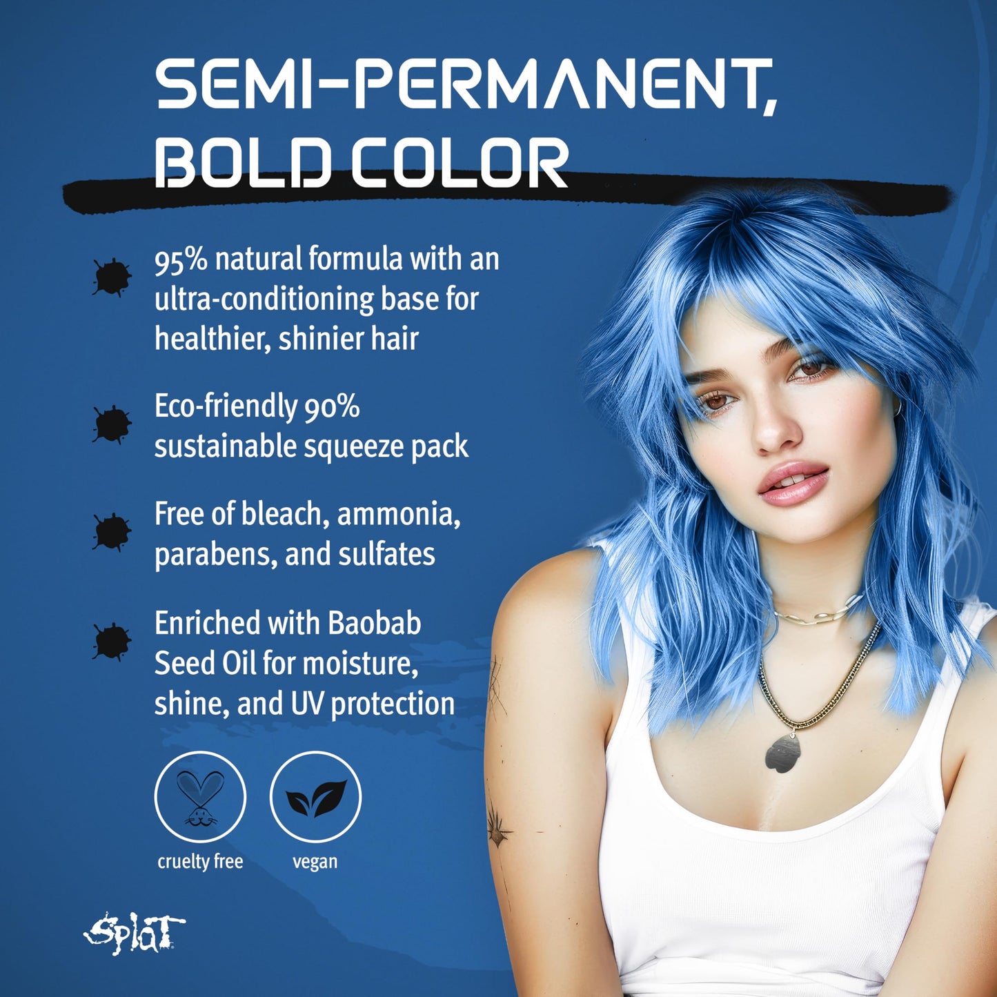 Splat Naturals Semi-Permanent Hair Color, Blue, 6 fl. oz., 95% Natural Hair Dye Formula Lasts Up to 30 Washes, Vegan & Cruelty-Free Beauty & Personal Care Splat