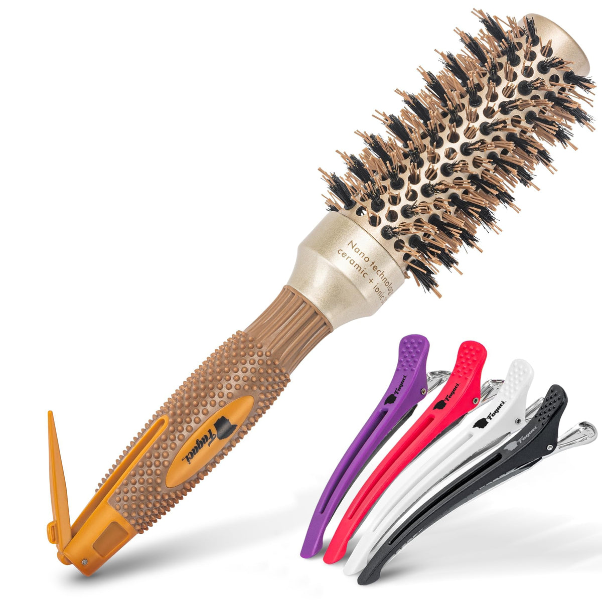 Fagaci Small Round Brush for Blow Drying with Natural Boar Bristle, Hair Styling, Drying, Healthy Hair and Add Volume, Ceramic Gold, Hair Brush + 4 Beauty & Personal Care Fagaci
