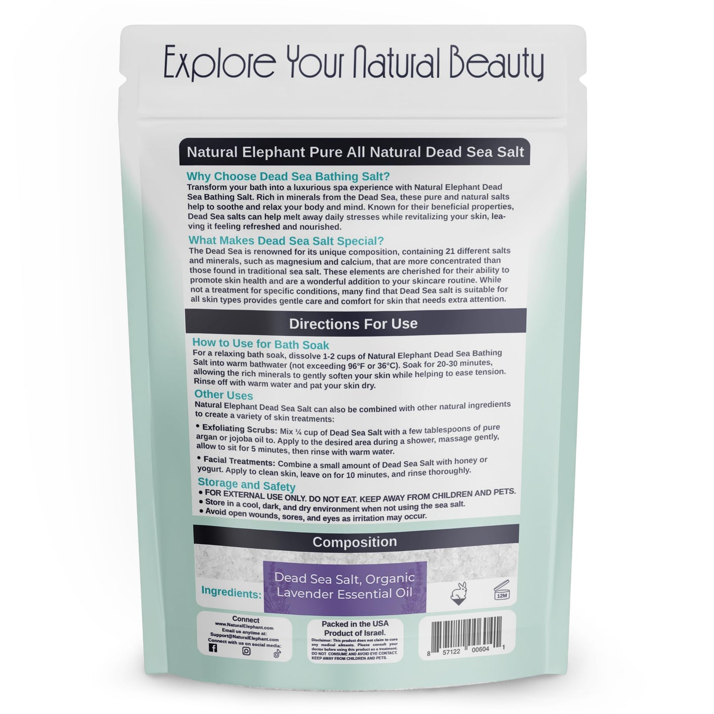 Natural Elephant Dead Sea Lavender Bath Salt Bathing and Foot Soak for Relaxing and Nourishing- 100% Pure with Organic Lavender Essential Oil - Medium Beauty and Personal Care Natural Elephant