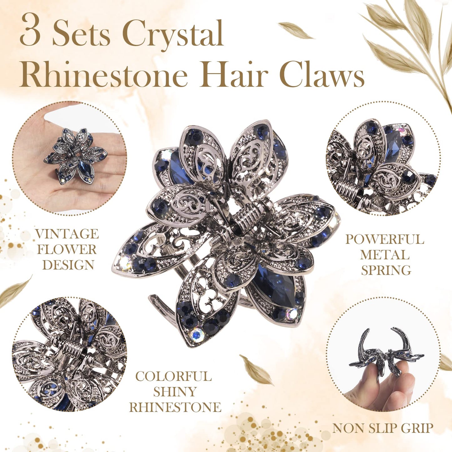 ISKYBOB Set of 3 Vintage Metal Jaw Clips Rhinestone Hair Claw Clip Hair Accessories for Women Beauty & Personal Care ISKYBOB
