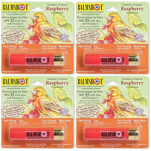 BALMSHOT Raspberry Lip Balm SPF 15 (4-Pack) - Beeswax Chapstick for Dry Chapped Lips, 20-Gauge Brass Shotgun Shell Tube, Heat Resistant, Long Lasting Beauty & Personal Care Balmshot