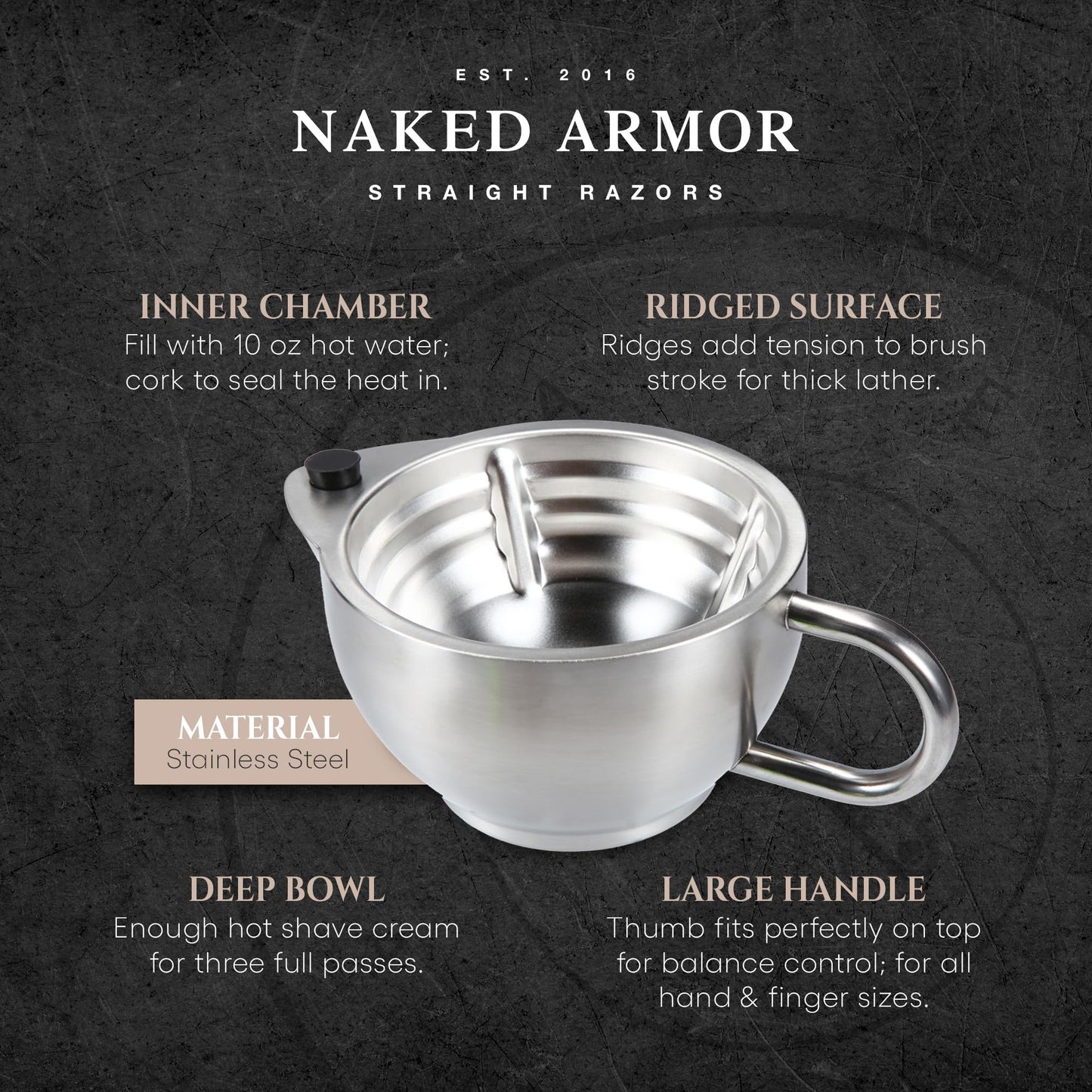 Naked Armor Silver Fox Shaving Scuttle Mug Kit With Shavette - Double Walled Stainless Steel Shaving Bowl with Shavette Straight Razor, Shaving Brush Beauty and Personal Care Naked Armor