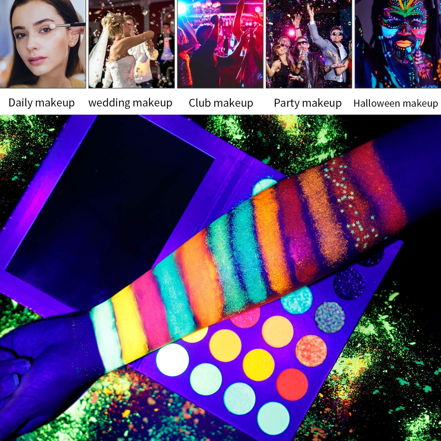 DE'LANCI Neon Eyeshadow Palette Glow in the Dark, Aurora Glow Eyeshadow Pallets Stage, Halloween Christmas Makeup Kit UV Blacklight Matte and Glitter Beauty & Personal Care DE'LANCI