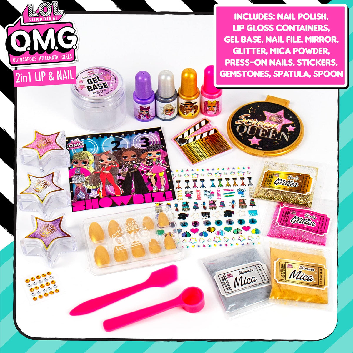 L.O.L. Surprise! O.M.G. 2-in-1 Lip & Nail Studio by Horizon Group USA, Double Feature Series, DIY Beauty Kit for Kids, Create 3 L.O.L. Surprise Lip Beauty & Personal Care L.O.L. Surprise!