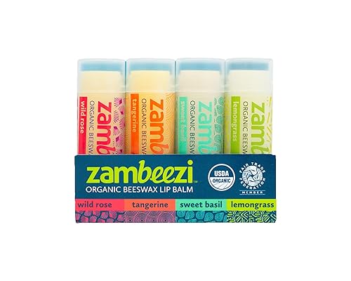 Zambeezi Fair Trade, Organic Beeswax Lip Balm - CORE 4 Pack (Wild Rose, Tangerine, Sweet Basil and Lemongrass) - Ethically Sourced Beauty & Personal Care Zambeezi