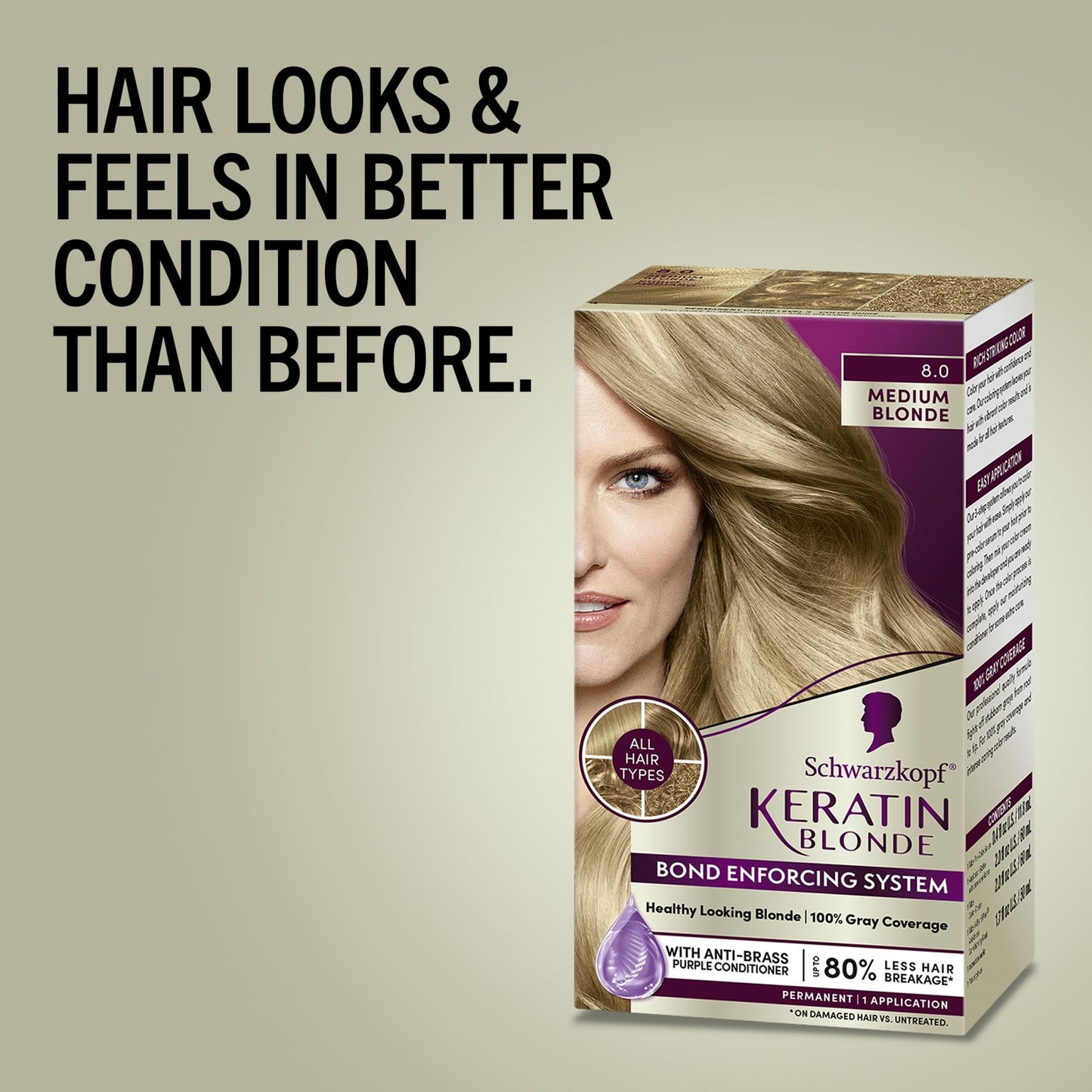 Schwarzkopf Keratin Blonde Hair Dye, 8.0 Medium Blonde, Professional Quality Permanent Hair Color, Bond Enforcing System, Pre-Color Serum & Purple Beauty & Personal Care Schwarzkopf