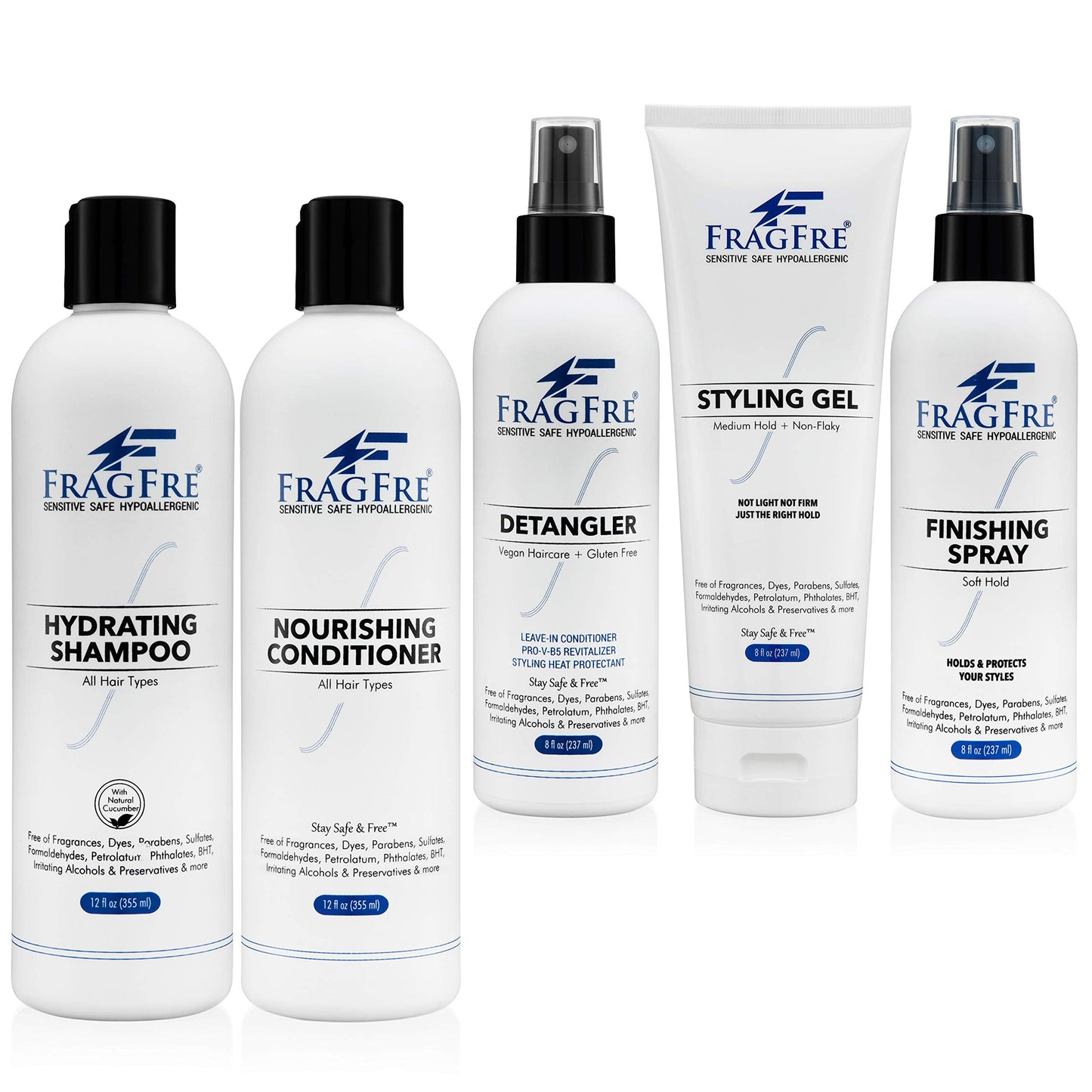 FRAGFRE Professional Hair Salon Set for Sensitive Skin 8/12 oz/ea (5-Pack Gift Set) - Shampoo-Conditioner-Detangler-Styling Gel-Finishing Spray Beauty & Personal Care FRAGFRE