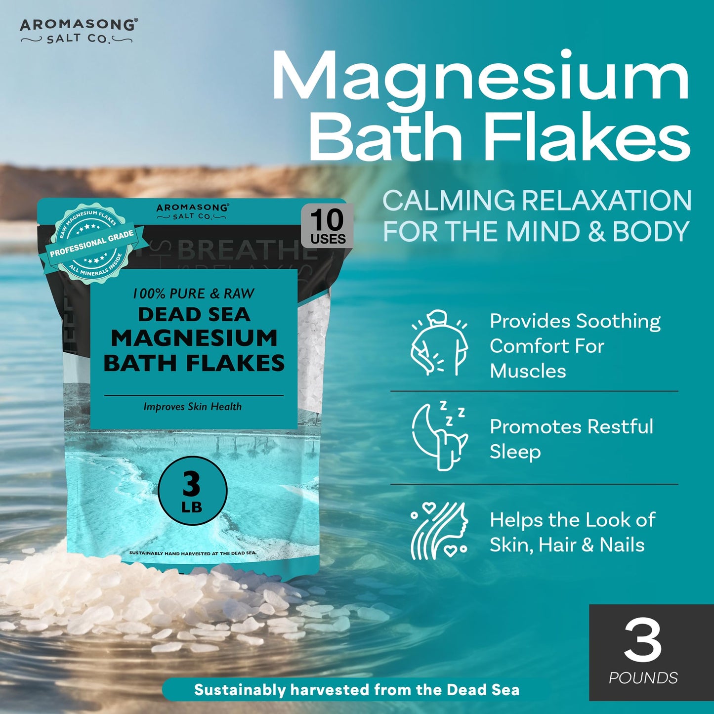 Aromasong Dead Sea Magnesium Flakes for Bath - More Than 16,325 Mg Magnesium Chloride per Bath - Superior Alternative to Epsom Salt - Used as Muscle Beauty and Personal Care Aromasong
