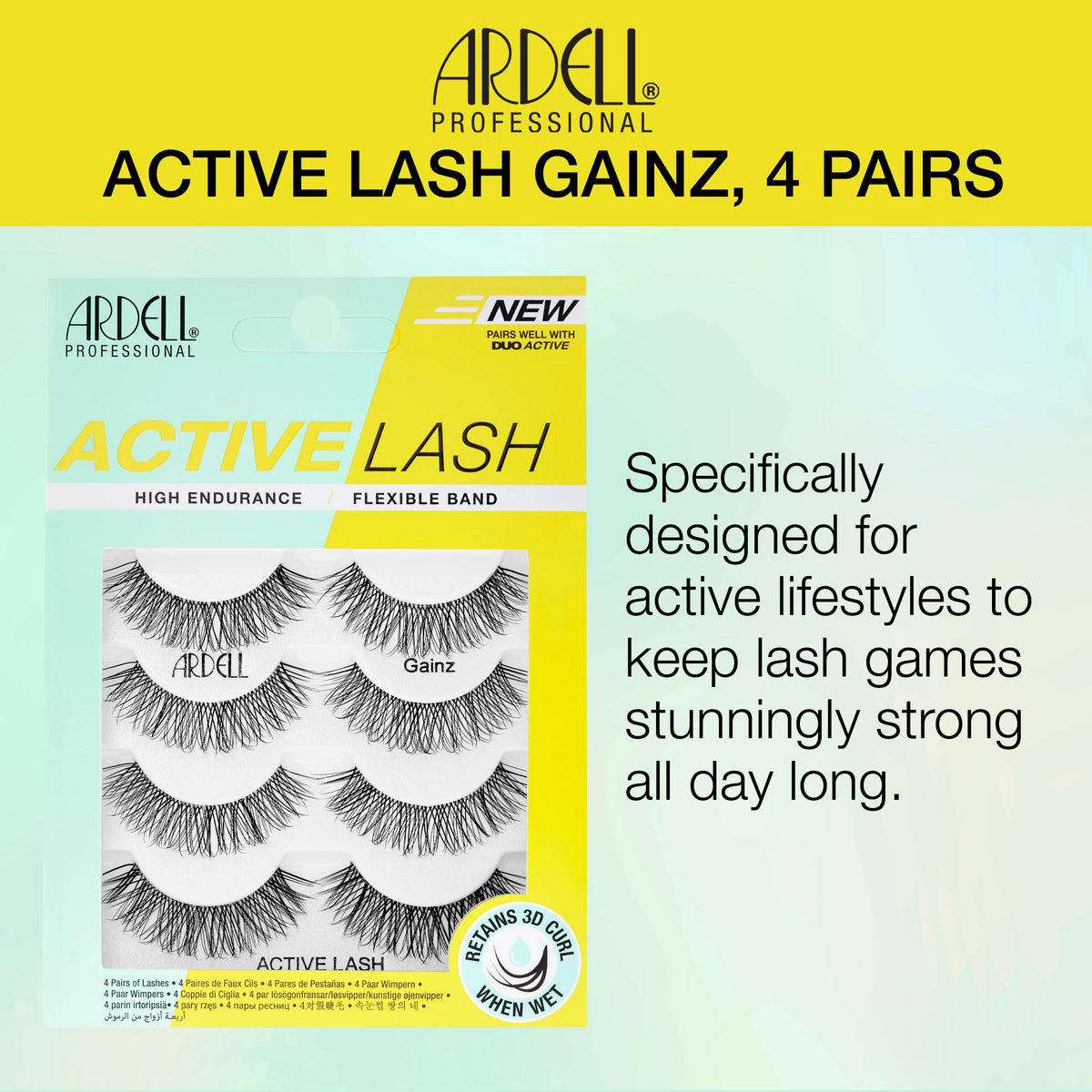 Ardell Active Gainz Lashes - Sweat-Proof & Long-Lasting Wispy, Comfortable Wear False Eyelashes, 4 Pairs