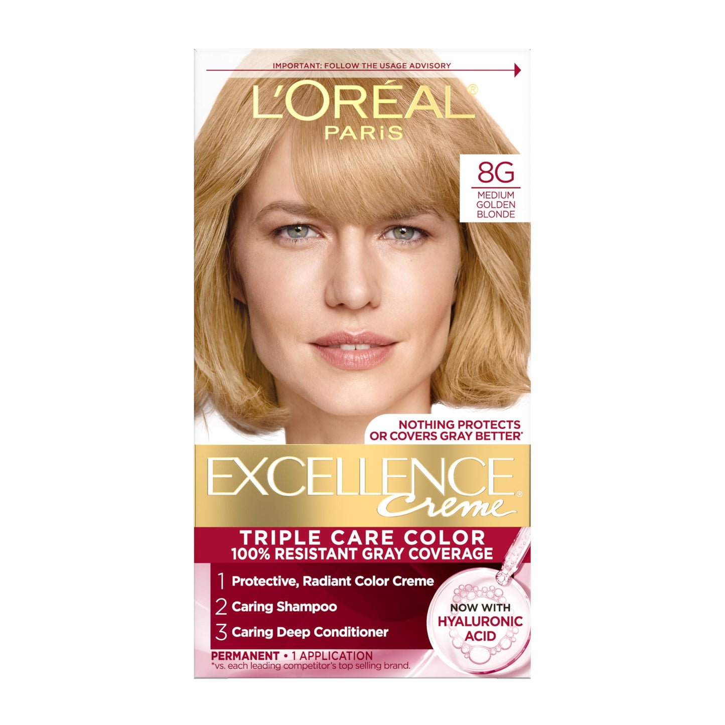 L'Oreal Paris Excellence Crème Permanent Hair Dye, Triple Care Hair Color with Hyaluronic Acid for 100% Gray Coverage, 8G Medium Golden Blonde, 1 Kit Beauty & Personal Care L'Oreal Paris