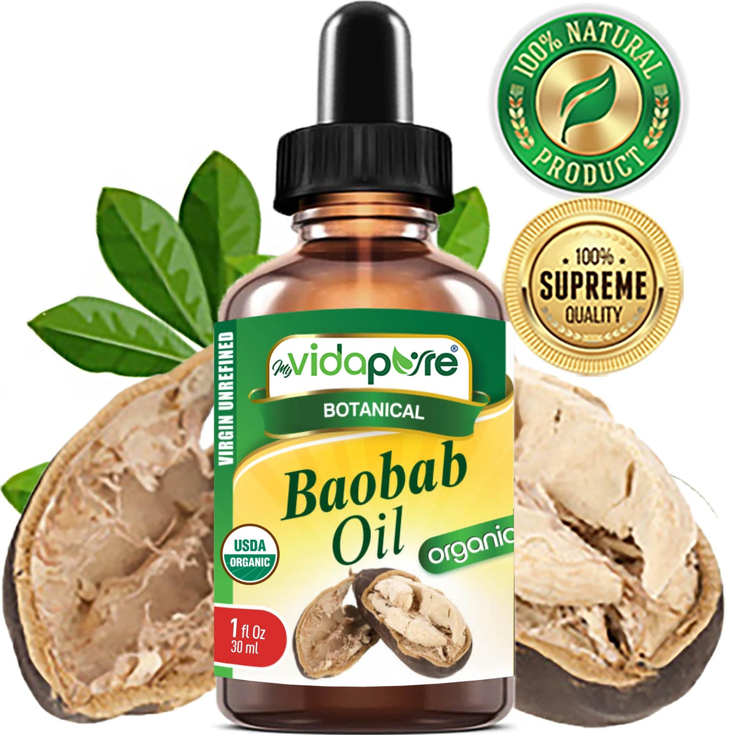 MYVIDAPURE Organic BAOBAB OIL Certified Organic 100% Natural Pure VIRGIN UNREFINED for Skin, Face, Hair, Lip and Nail Care (1 Fl Oz) Beauty & Personal Care MYVIDAPURE
