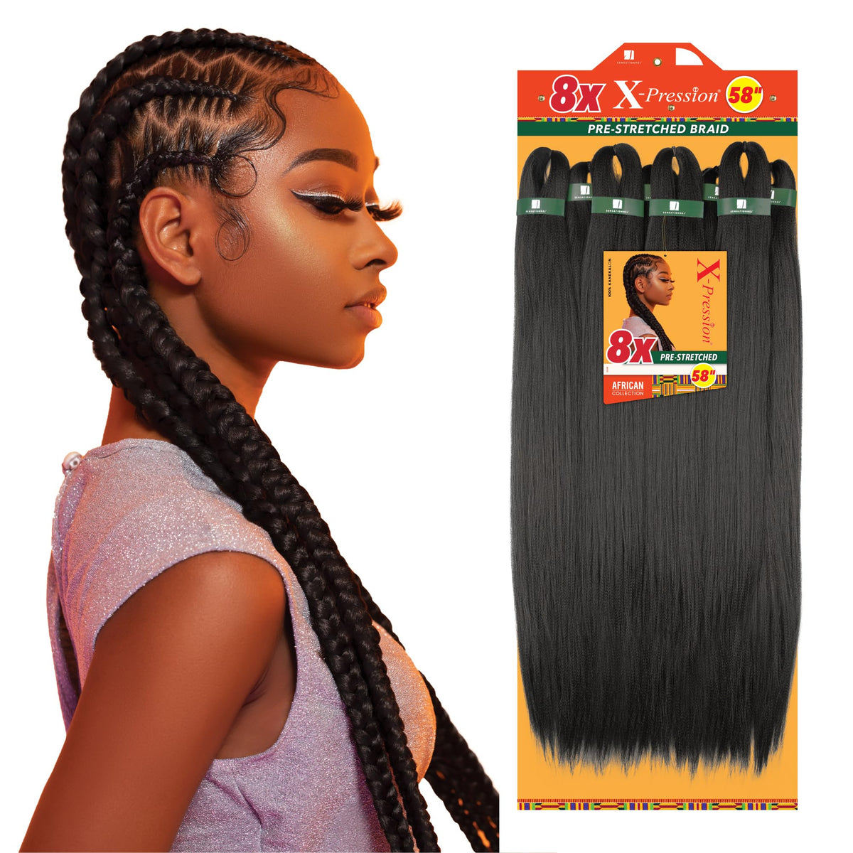 Sensationnel X-Pression Prestretched Braids-8X Braid 58in,1B OFFBLACK
