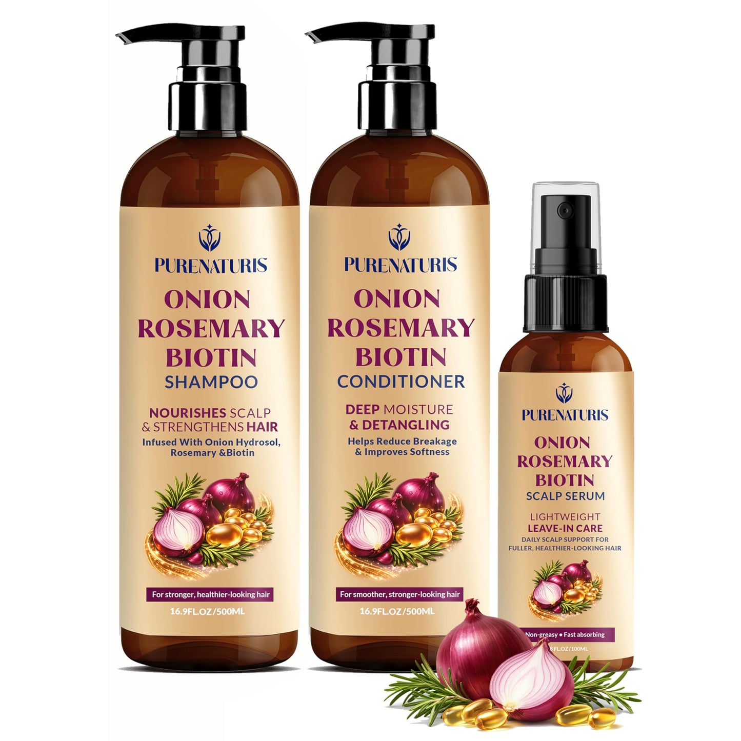 Onion Rosemary Biotin Hair Care Set - Sulfate Free Shampoo, Conditioner & Scalp Serum - Helps Strengthen Hair, Reduce Breakage & Support Fuller Beauty & Personal Care PureNaturis