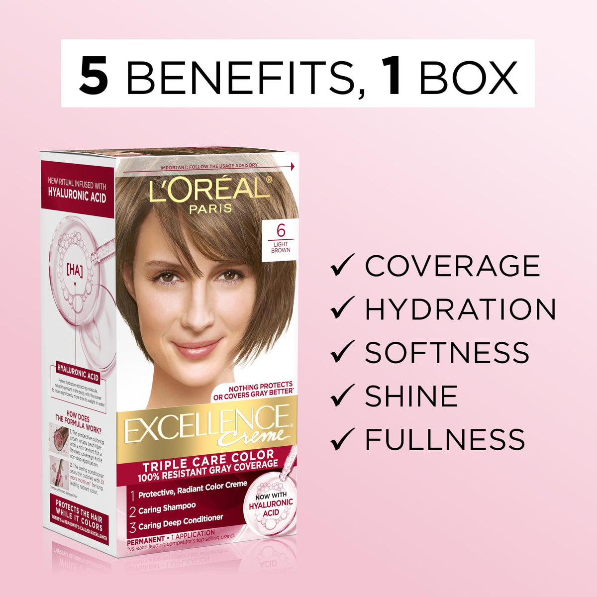 L'Oreal Paris Excellence Crème Permanent Hair Dye, Triple Care Hair Color with Hyaluronic Acid for 100% Gray Coverage, 7 Dark Blonde, 1 Kit (Pack