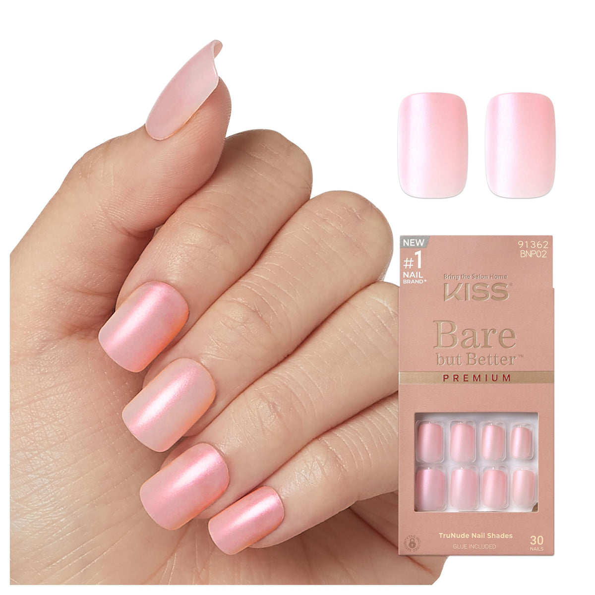 KISS Bare but Better, Press On Nails, Nail glue included, 'Spicy', Light Pink, Short Size, Squoval Shape, Includes 30 Nails, 2G Glue, 1 Manicure