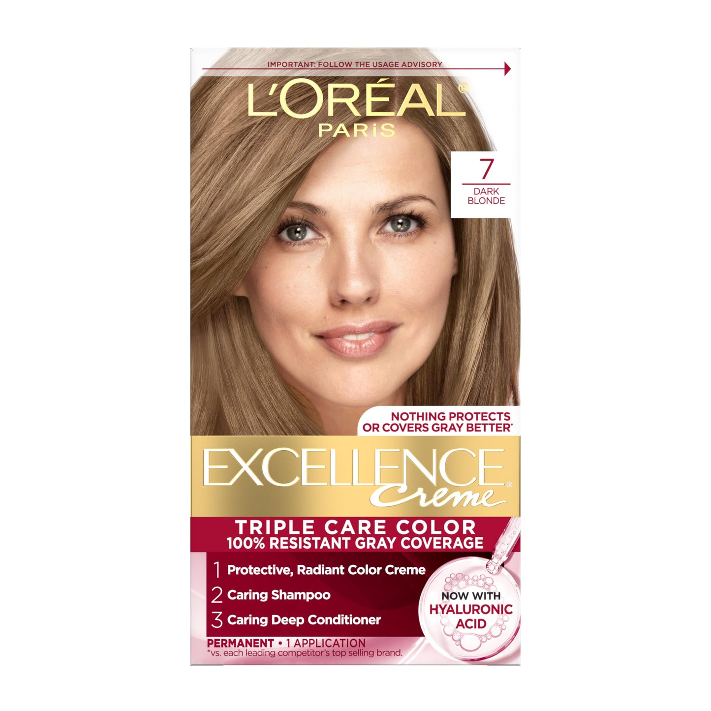 L'Oreal Paris Excellence Crème Permanent Hair Dye, Triple Care Hair Color with Pro-Keratine Complex for 100% Gray Hair Coverage, 7 Dark Blonde, 1 Kit Beauty & Personal Care L'Oreal Paris