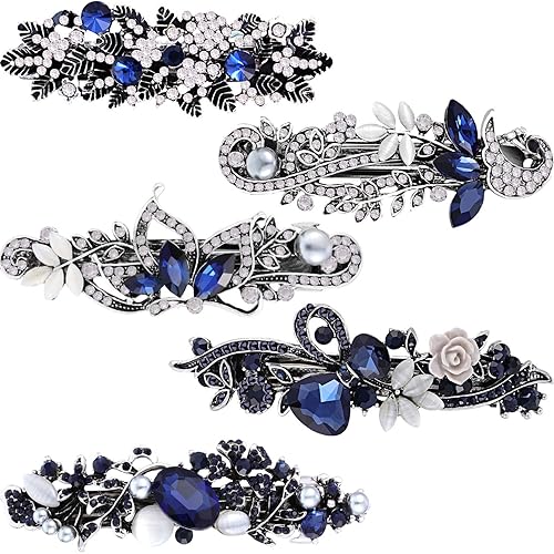 5 Pieces Crystal Rhinestones Hair Barrettes Large Flower Butterfly Pearl French Vintage Clip Wedding Navy Hair Jewelry for Thick long Hair Beauty & Personal Care Blulu