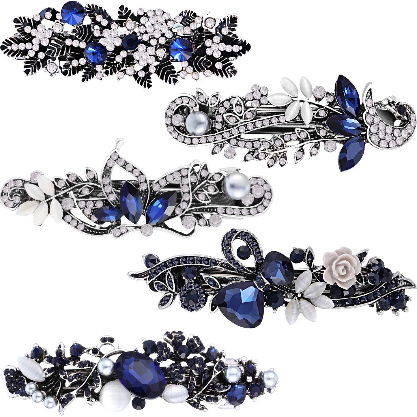 5 Pieces Crystal Rhinestones Hair Barrettes Large Flower Butterfly Pearl French Vintage Clip Wedding Navy Hair Jewelry for Thick long Hair Beauty & Personal Care Blulu