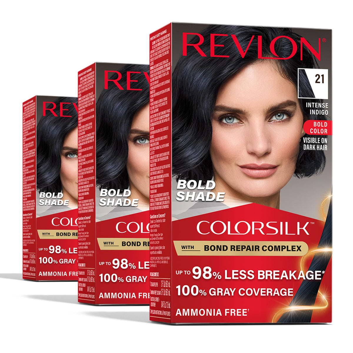 Revlon ColorSilk with Bond Repair Complex, Permanent Hair Color, 100% Gray Coverage, Ammonia Free Dye, Vegan Keratin, 21 Intense Indigo, 3 pack Beauty & Personal Care REVLON
