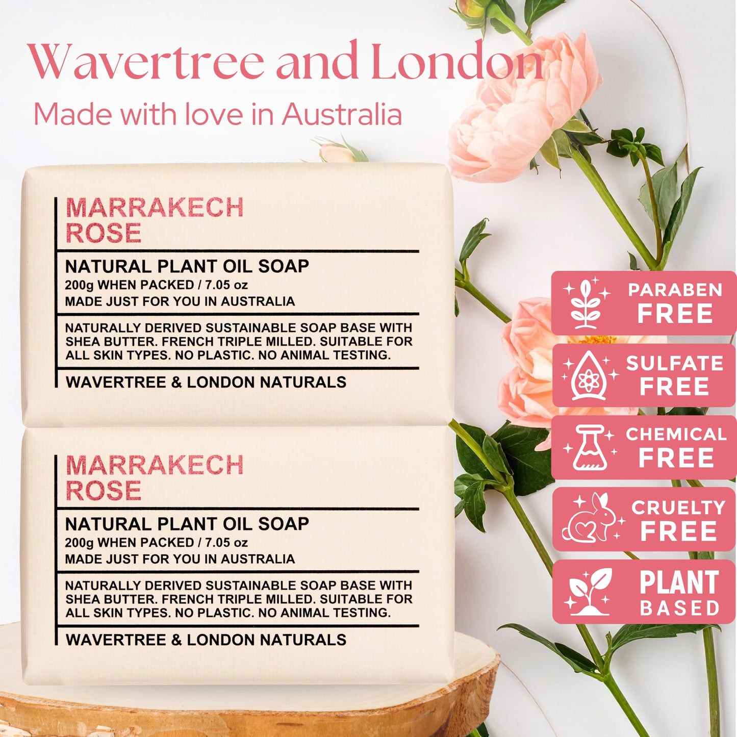 Wavertree & London Marakech Rose Scented Natural Soap Bars (2 Bars), 7oz Moisturizing French Triple Milled Soap enriched with shea butter - Plant Oil Beauty & Personal Care Wavertree & London