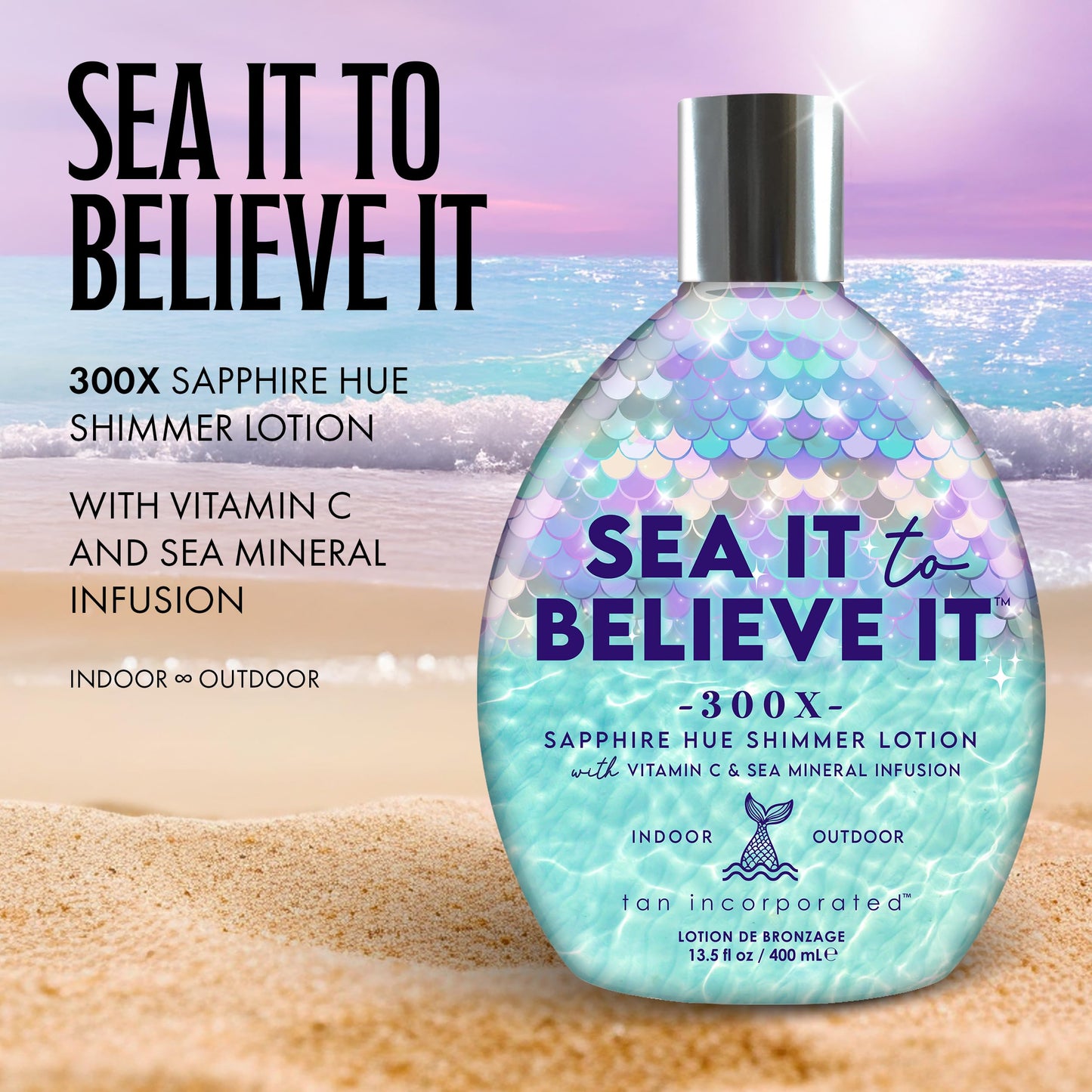 Tan Inc Sea It To Believe It Tanning Lotion, 300X Sapphire Hue Anti-Orange Shimmer with Vitamin C, Sea Minerals & Carrot Oil, 13.5 Fl Oz Beauty & Personal Care Brown Sugar