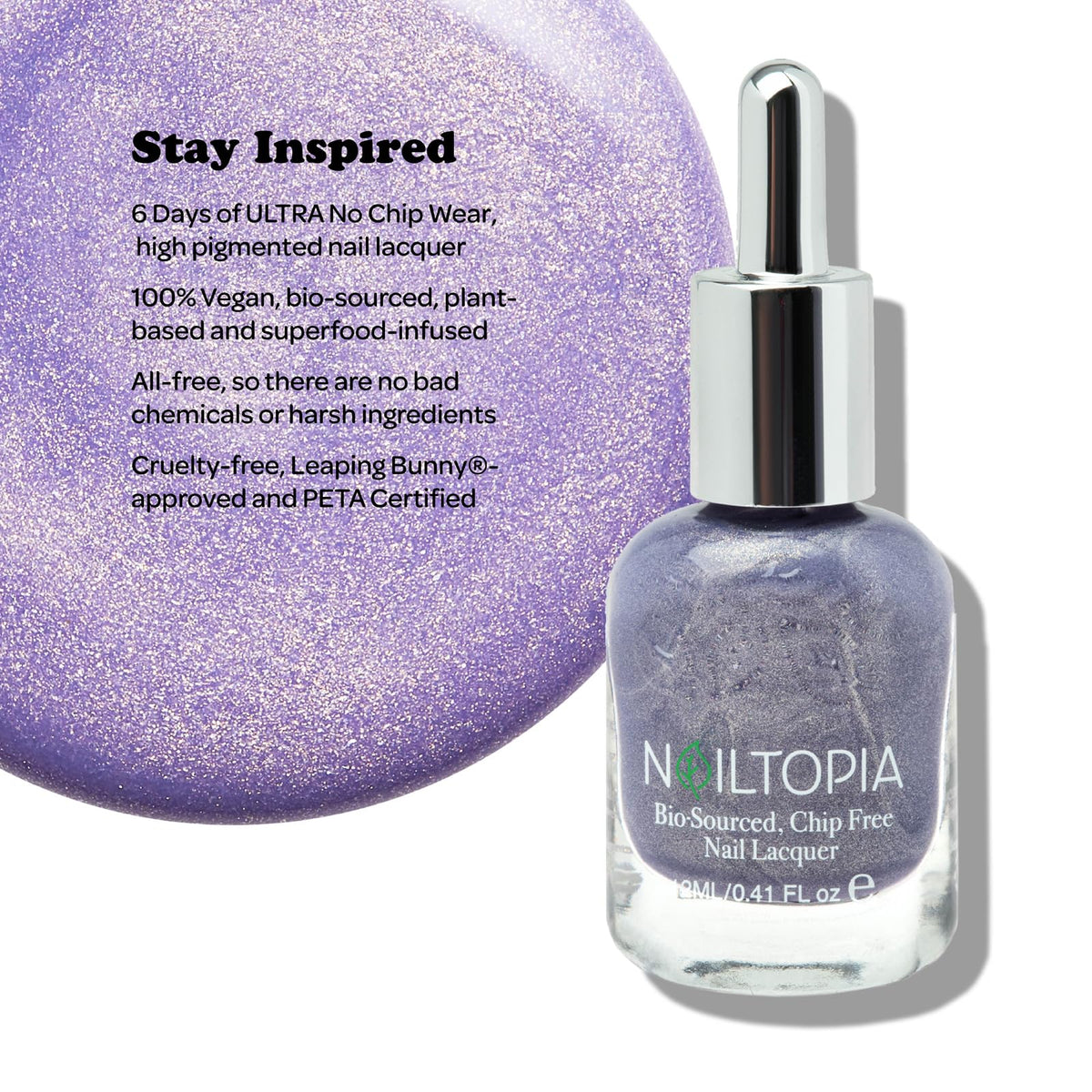 Nailtopia - Plant-Based Chip Free Nail Lacquer - Non Toxic, Bio-Sourced, Long-Lasting, Strengthening Polish - Stay Inspired (Medium Purple With Gold