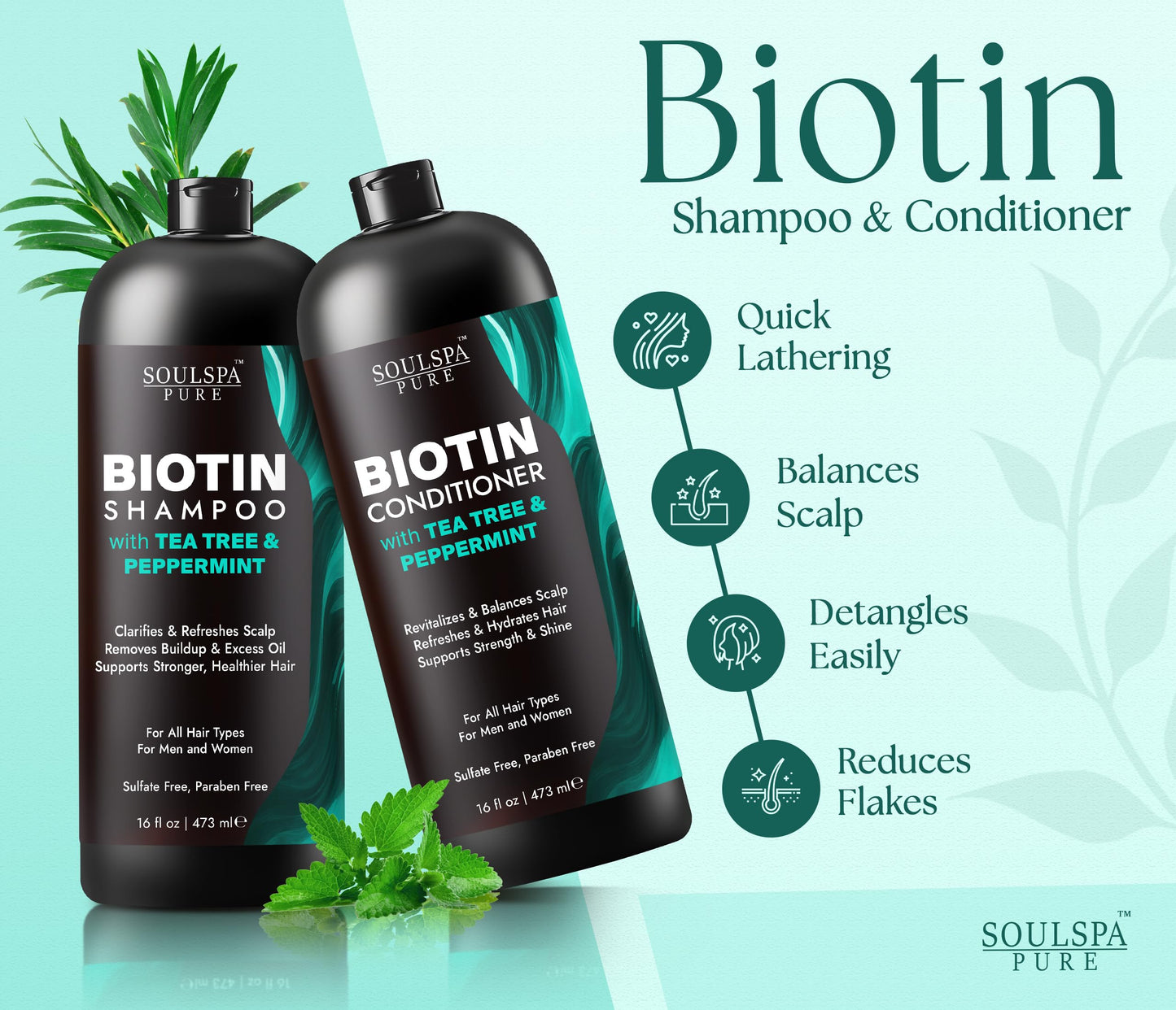 SOULSPA PURE Biotin Peppermint & Tea Tree Shampoo and Conditioner Set - Sulfate Free Scalp Care for Thinning & Color-Treated Hair - Clarifying Formula Beauty & Personal Care SOULSPA PURE