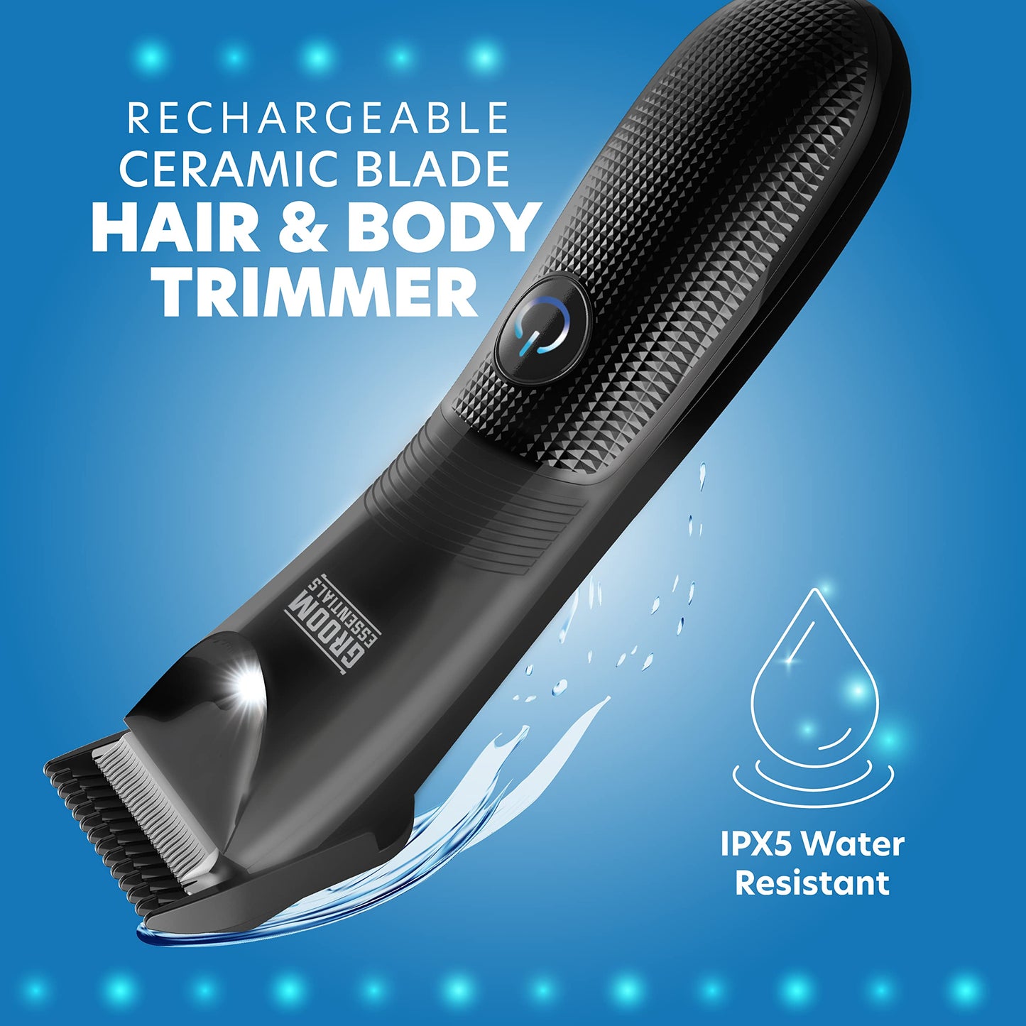 Groom Essentials Rechargeable Hair Trimmer, Body-Hair Shaver with Ceramic Blades, Adjustable 3-Setting Trimming Guide, 90-Minute Battery, Includes Beauty and Personal Care CHARGEWORX