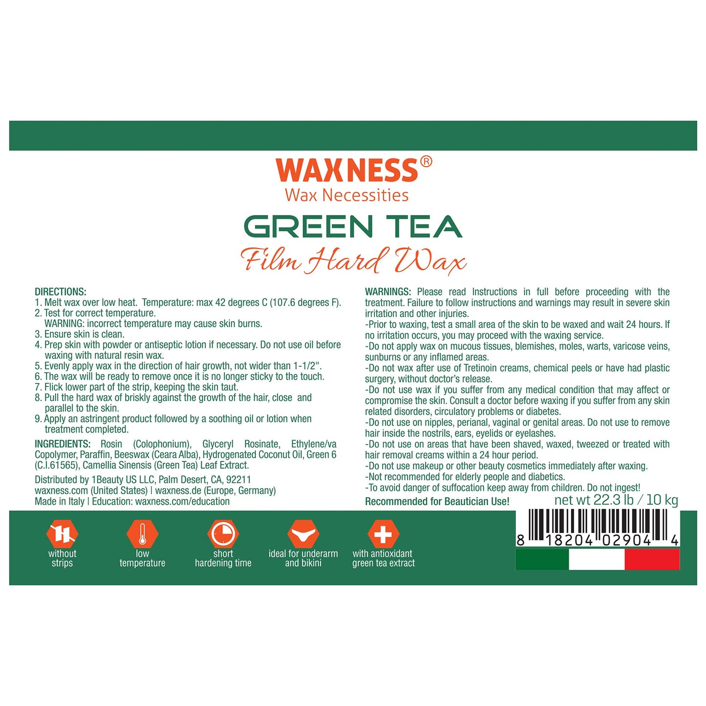 Waxness Film Hard Wax Beads Green Tea 22 lb (10 kg) - Stripless Professional Hard Wax Bulk Size for Face & Body, Salon Use - Made in Italy Beauty and Personal Care Waxness
