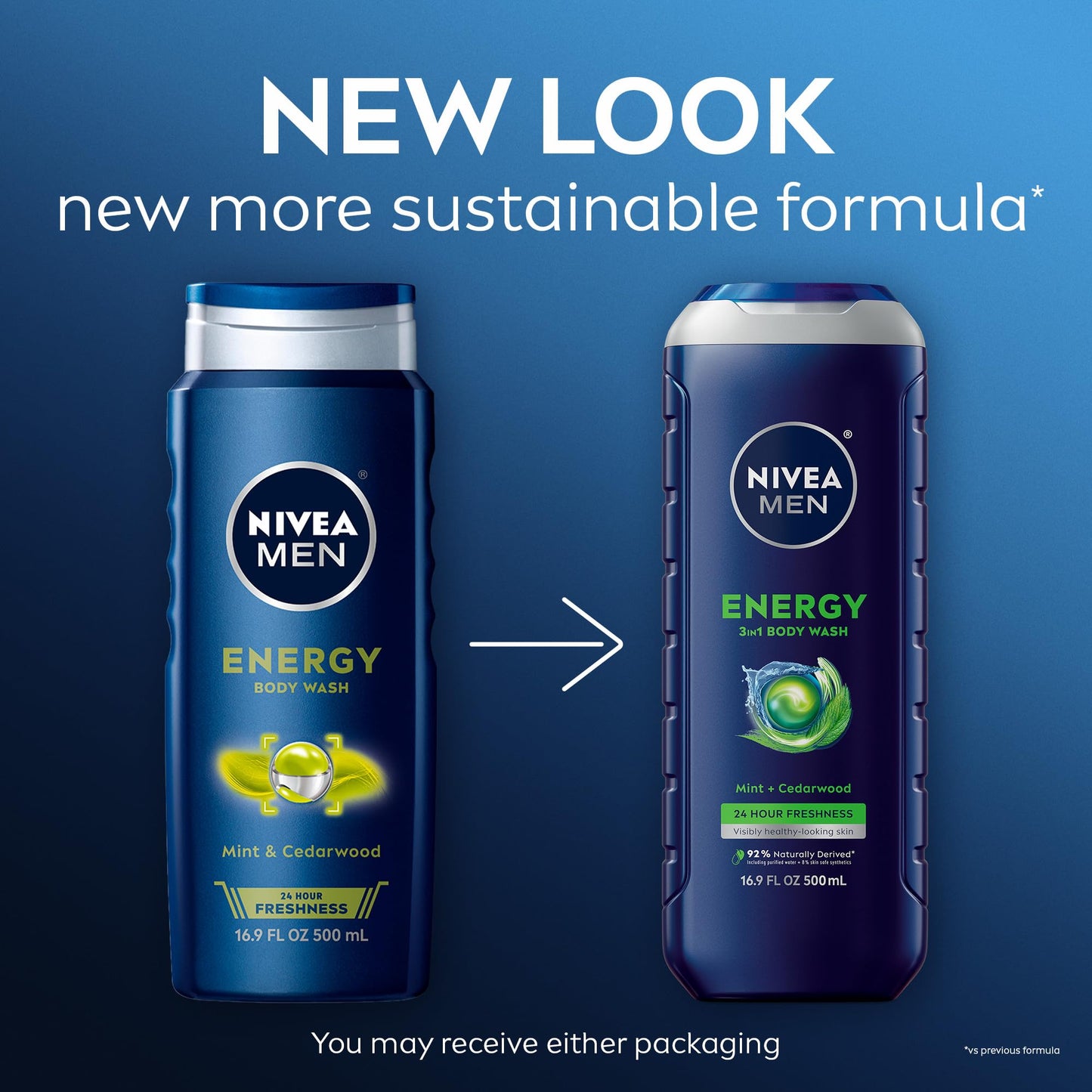 NIVEA MEN Energy Body Wash with Mint Extract, Cedarwood and Mint Scent, 3-in-1 Men's Body Wash, Face and Hair, Paraben Free, Vegan Formula, 16.9 Fl Oz Beauty & Personal Care NIVEA